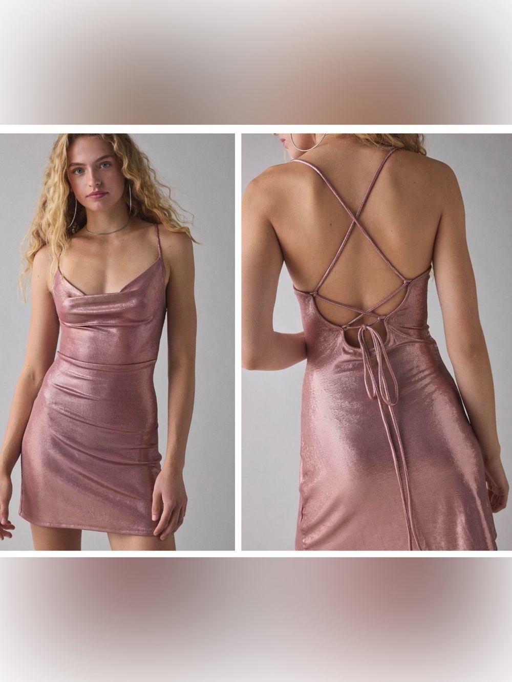 Silence + Noise Urban Outfitters Cowl Neck Pink Metallic Lámé Mini Dress Size M